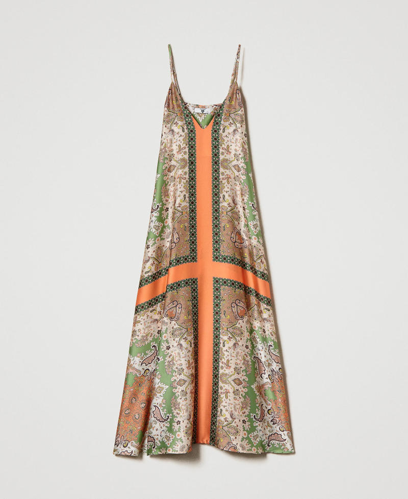 Long satin dress with scarf print