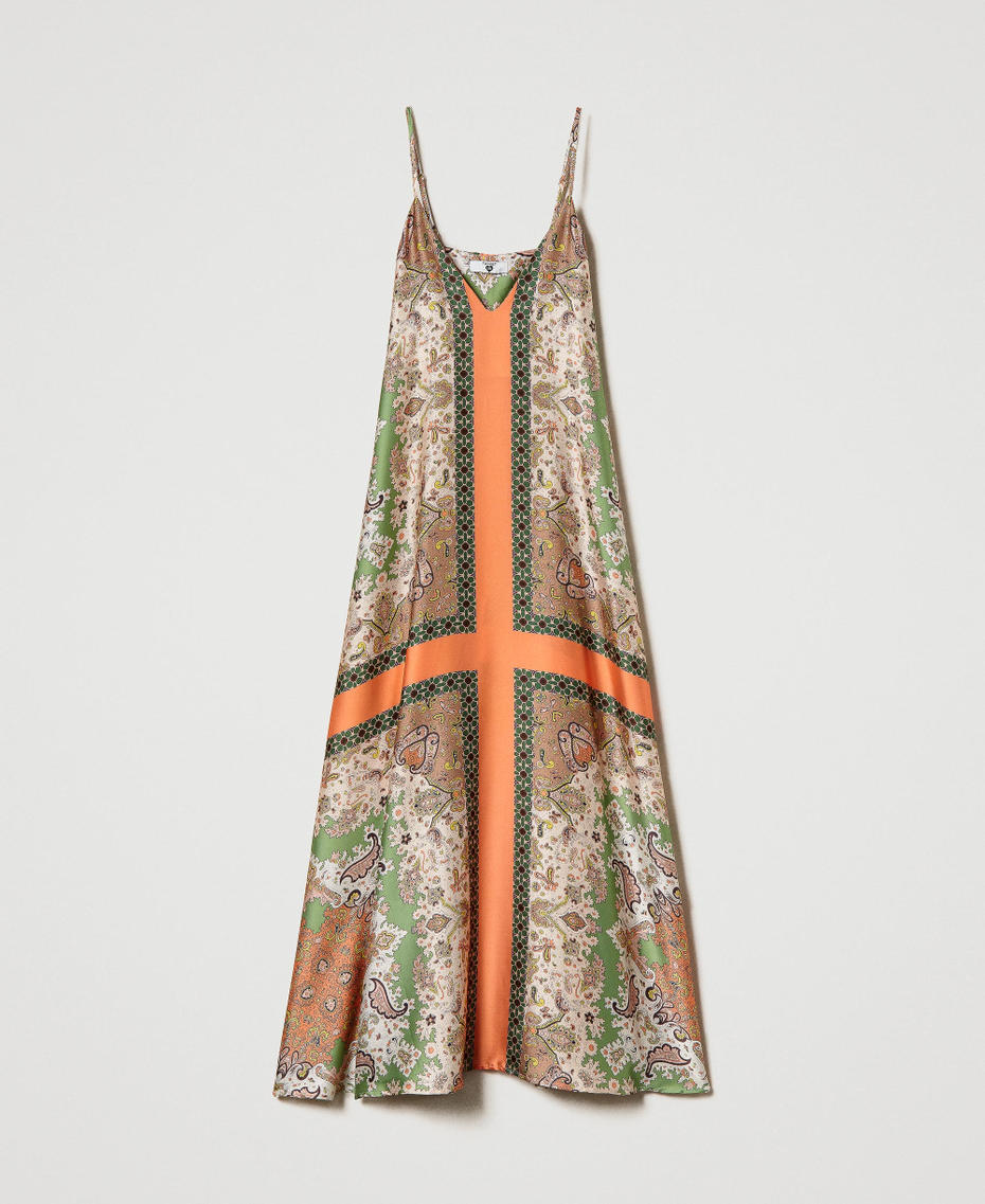 Long satin dress with scarf print