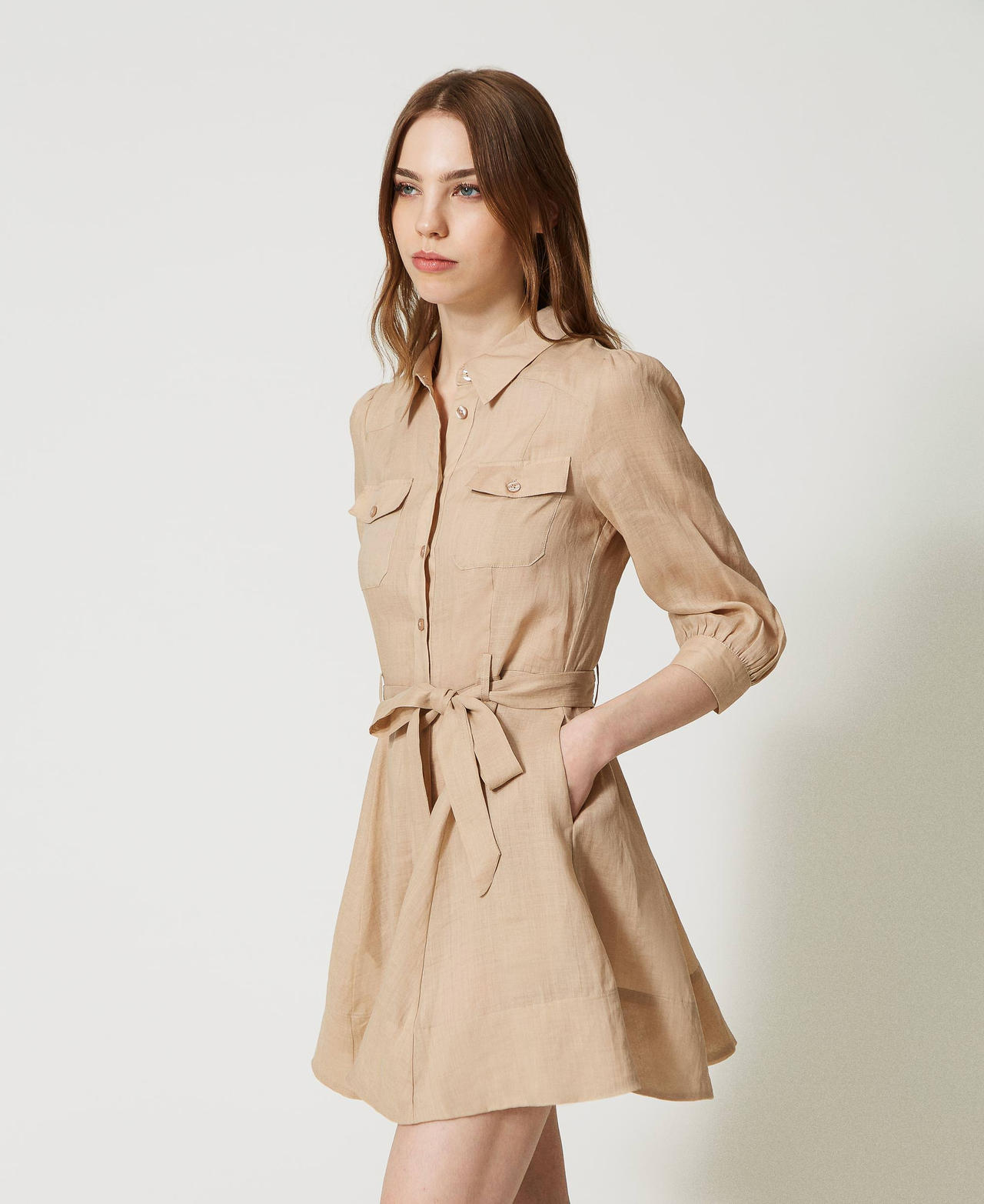 Short ramie shirt dress Woman, Beige