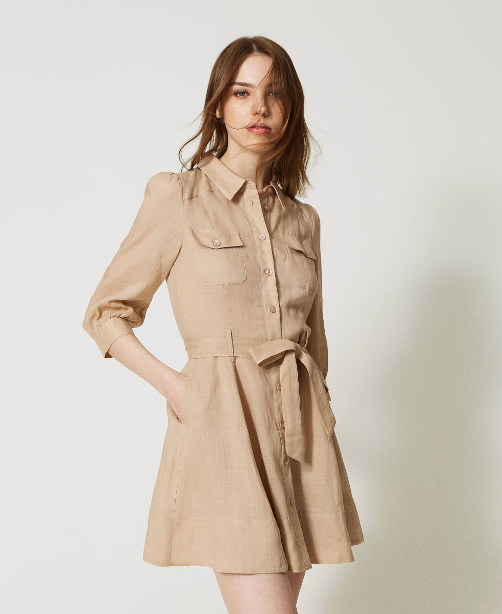 Vestido camisero corto de ramio Mujer, Beige