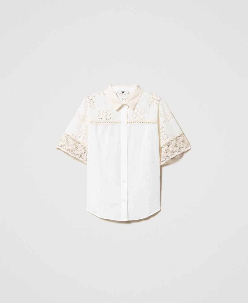 Poplin shirt with broderie anglaise and lace