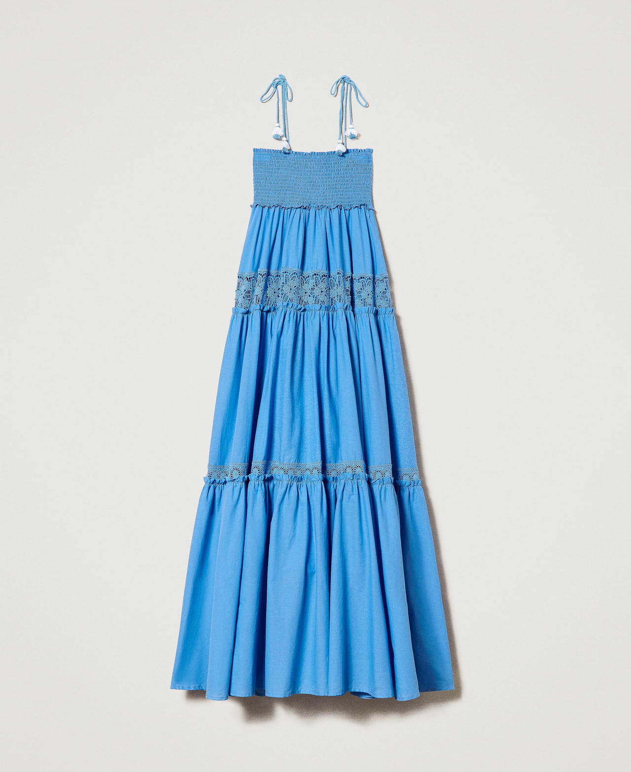 Long flounced dress with macram&eacute; lace