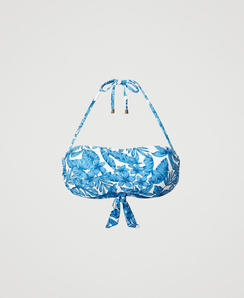 Bandeau bikini top with leaf print "Granada Sky” Blue Palm Print Woman 231LMMB11_10601_0S