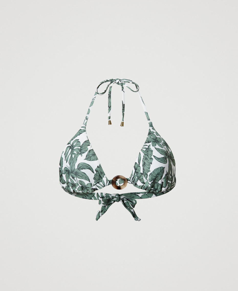 Triangle bikini top with leaf print “Turtle Green” Palm Print Woman 231LMMB22_10599_S0