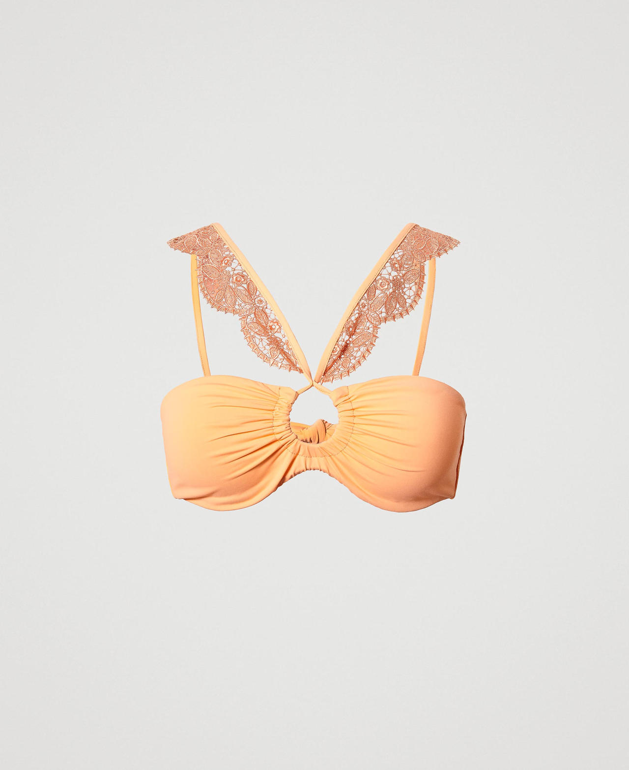 Bandeau bikini top with drawstring and macramé lace "Cantaloupe” Orange Woman 231LMMF11_10558_0S