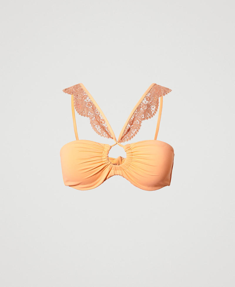 Bandeau bikini top with drawstring and macramé lace "Cantaloupe” Orange Woman 231LMMF11_10558_0S