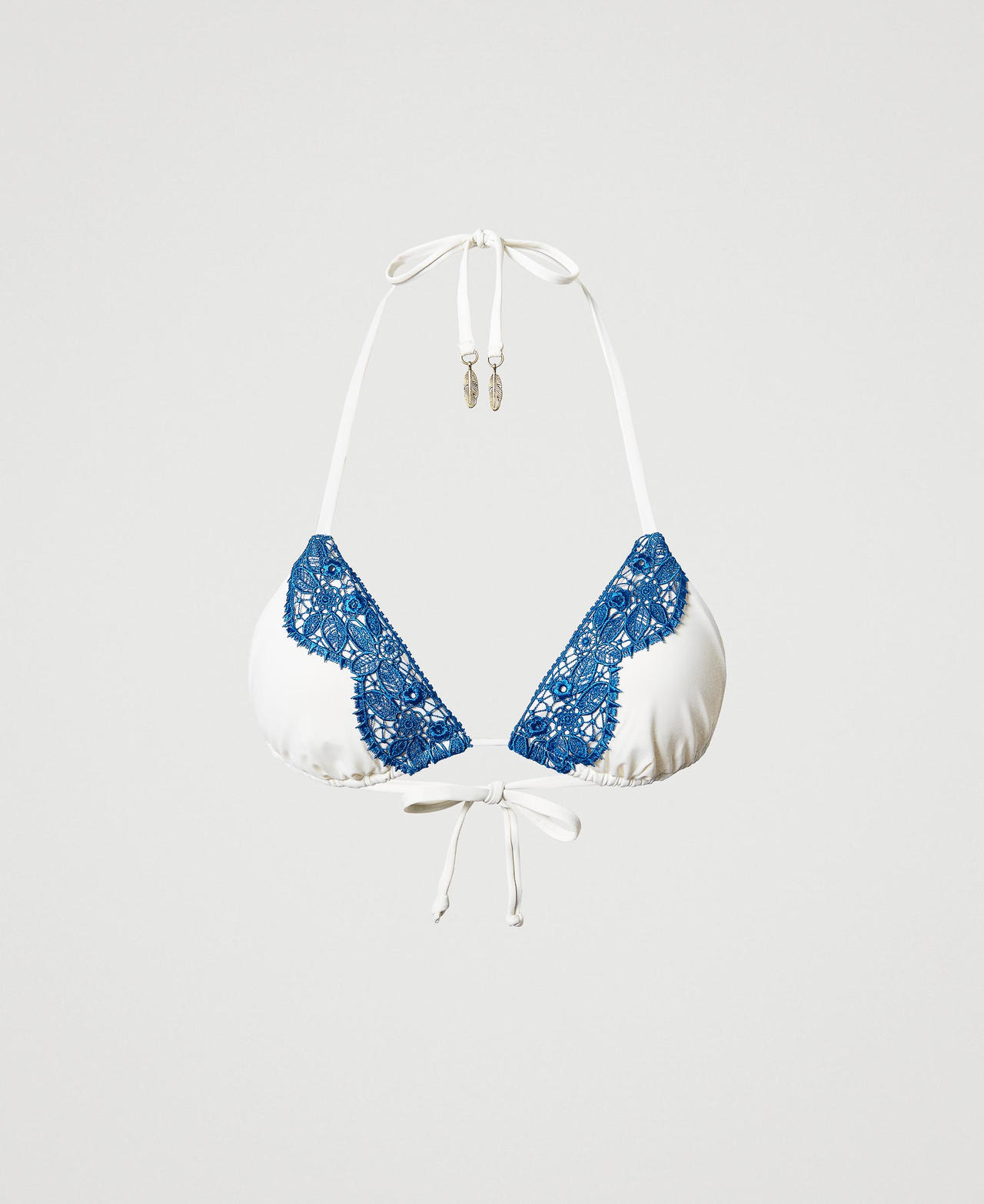 Triangle bikini top with macramé lace Two-tone Off White / “Neon Ink” Blue Woman 231LMMF22_10606_0S