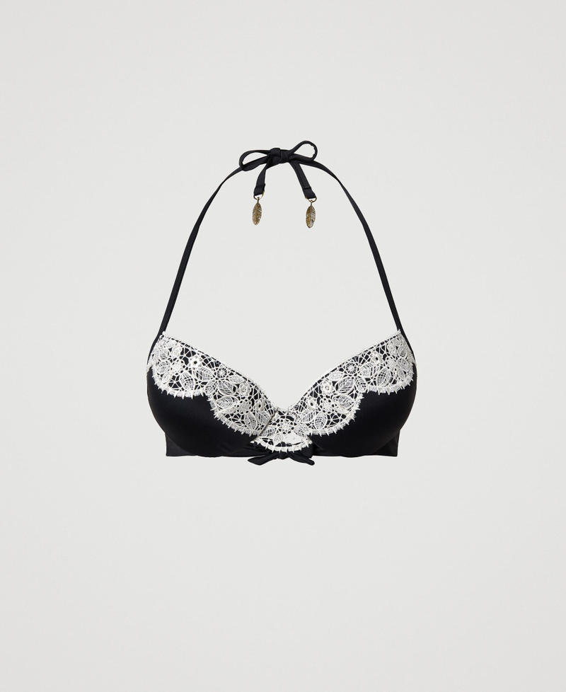 Bandeau bikini top with macram&eacute; lace