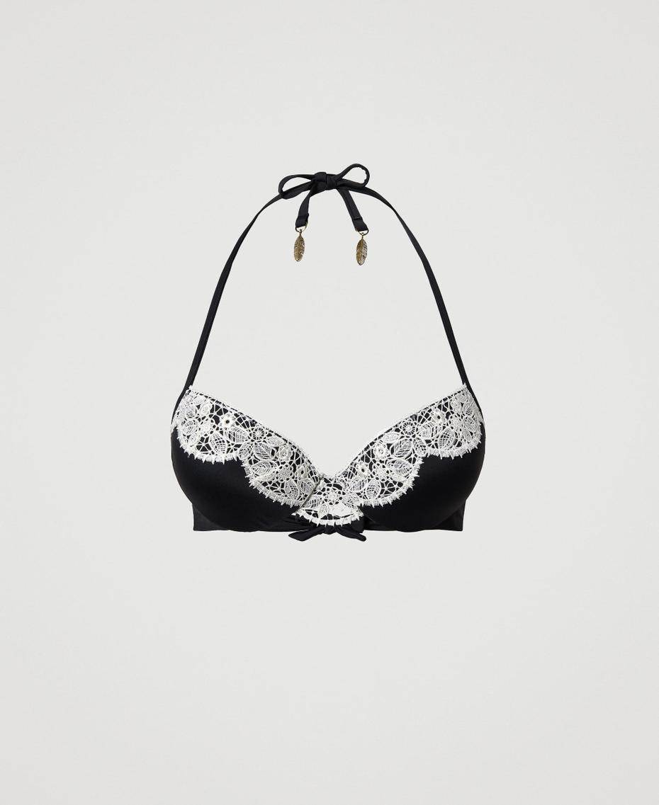 Bandeau bikini top with macram&eacute; lace