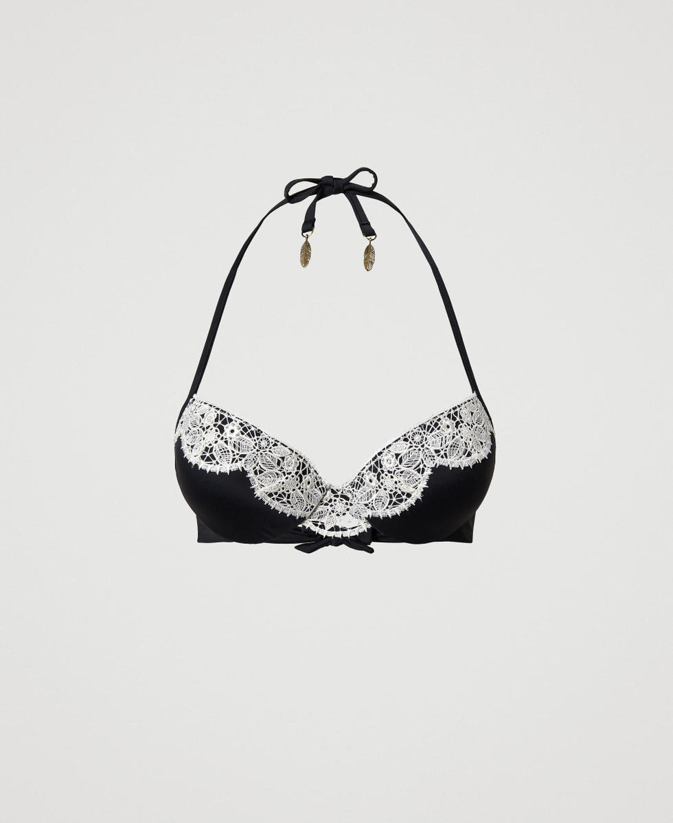 Bandeau bikini top with macram&eacute; lace