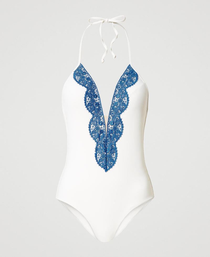 One-piece swimsuit with macramé lace Two-tone Off White / “Neon Ink” Blue Woman 231LMMFXX-0S