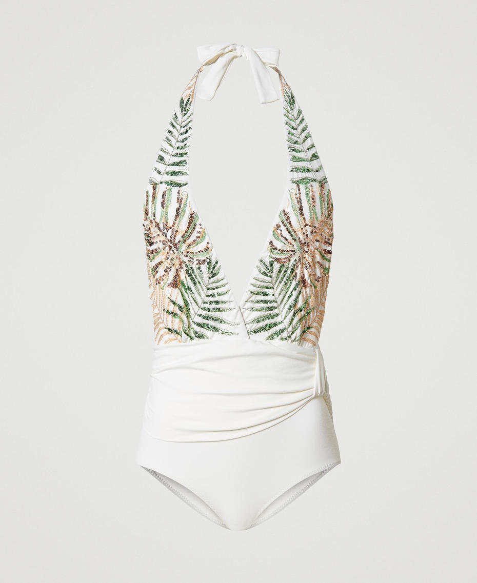 One-piece swimsuit with sequins and embroidery
