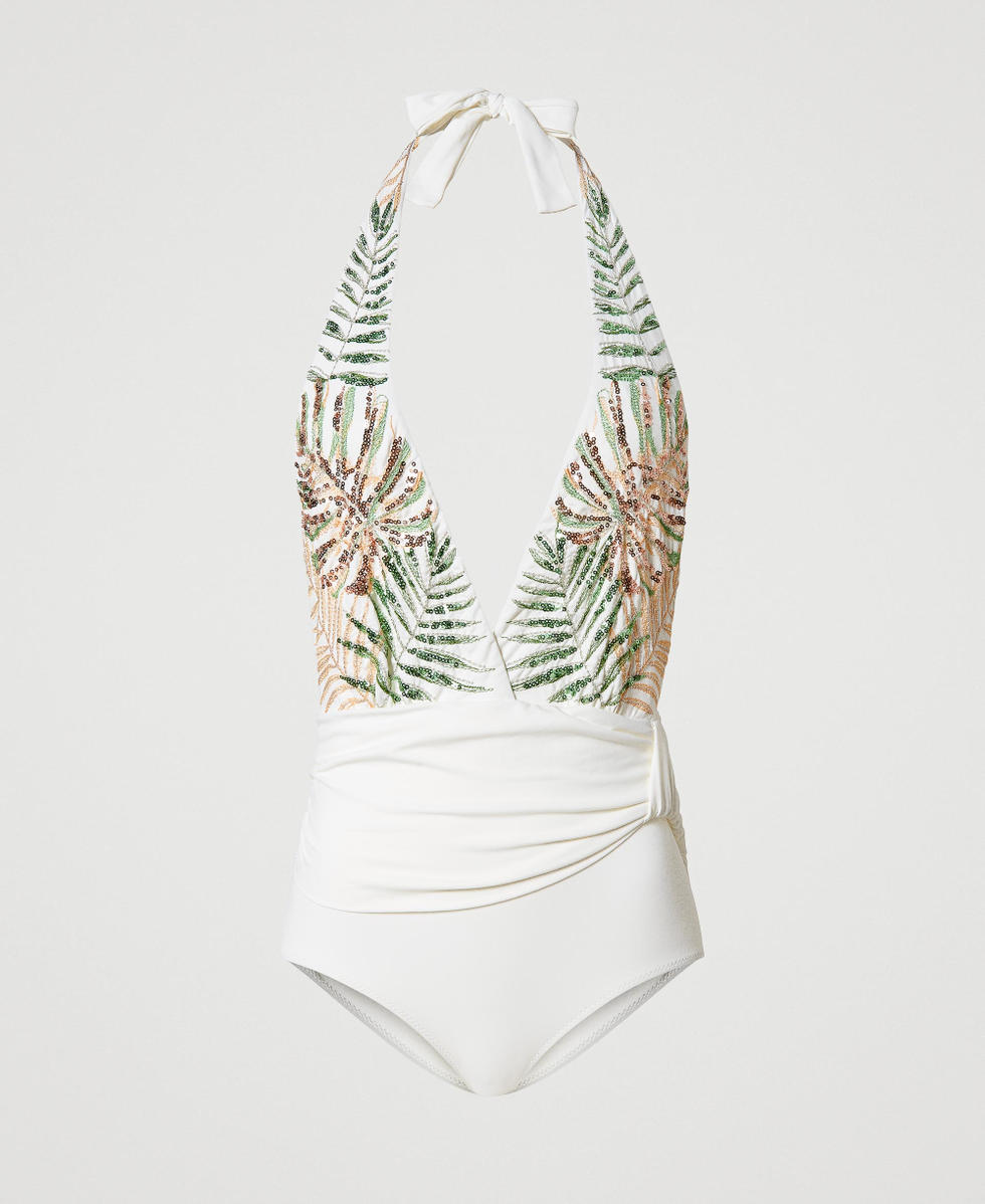 One-piece swimsuit with sequins and embroidery