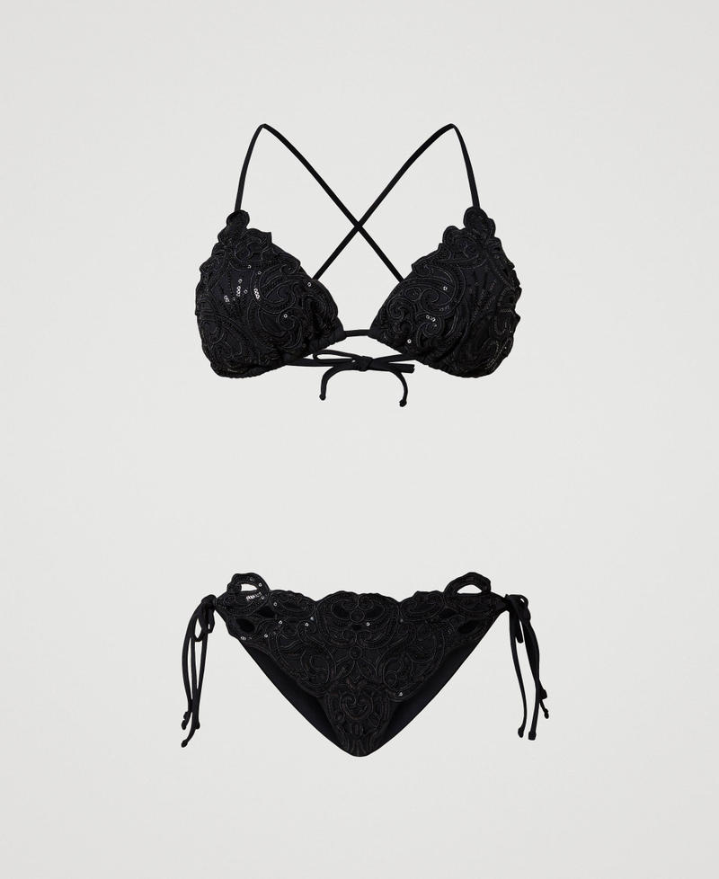 Triangle bikini top and thong set with embroidery