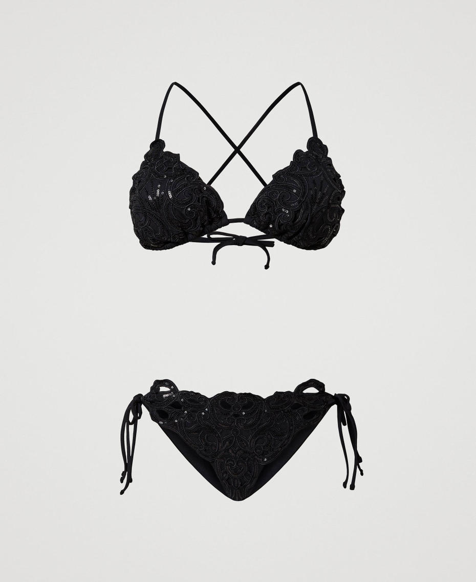 Triangle bikini top and thong set with embroidery