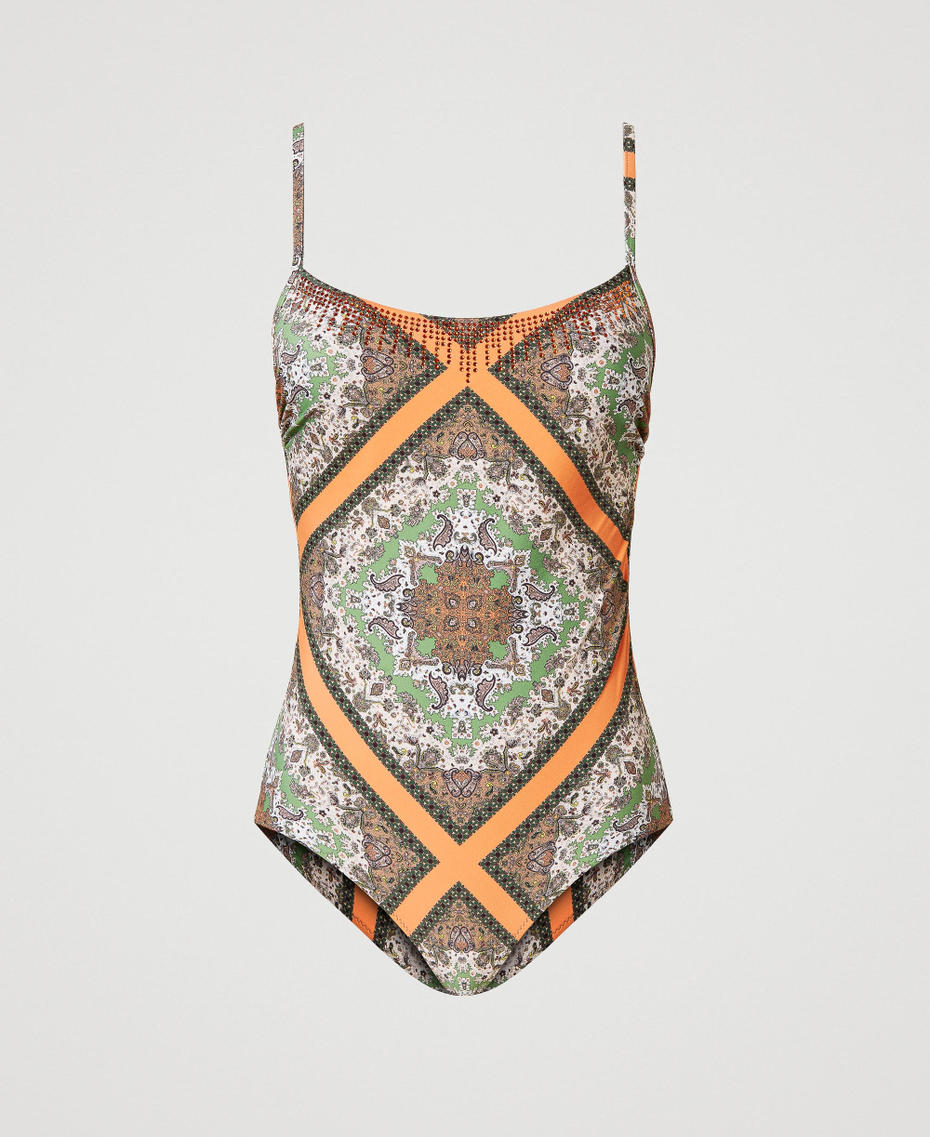 One-piece swimsuit with scarf print