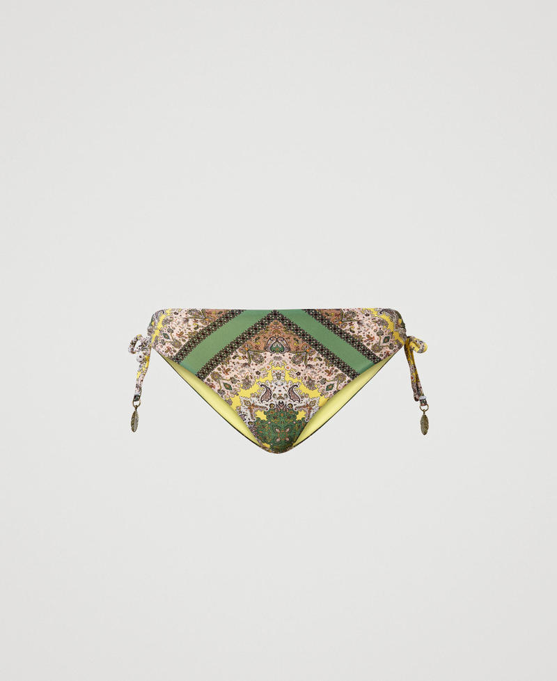 Bikini thong with scarf print and drawstring “Turtle Green” Scarf Print Woman 231LMMV99_10621_0S