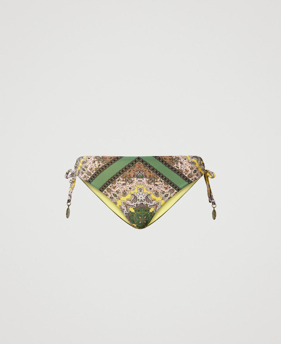 Bikini thong with scarf print and drawstring “Turtle Green” Scarf Print Woman 231LMMV99_10621_0S