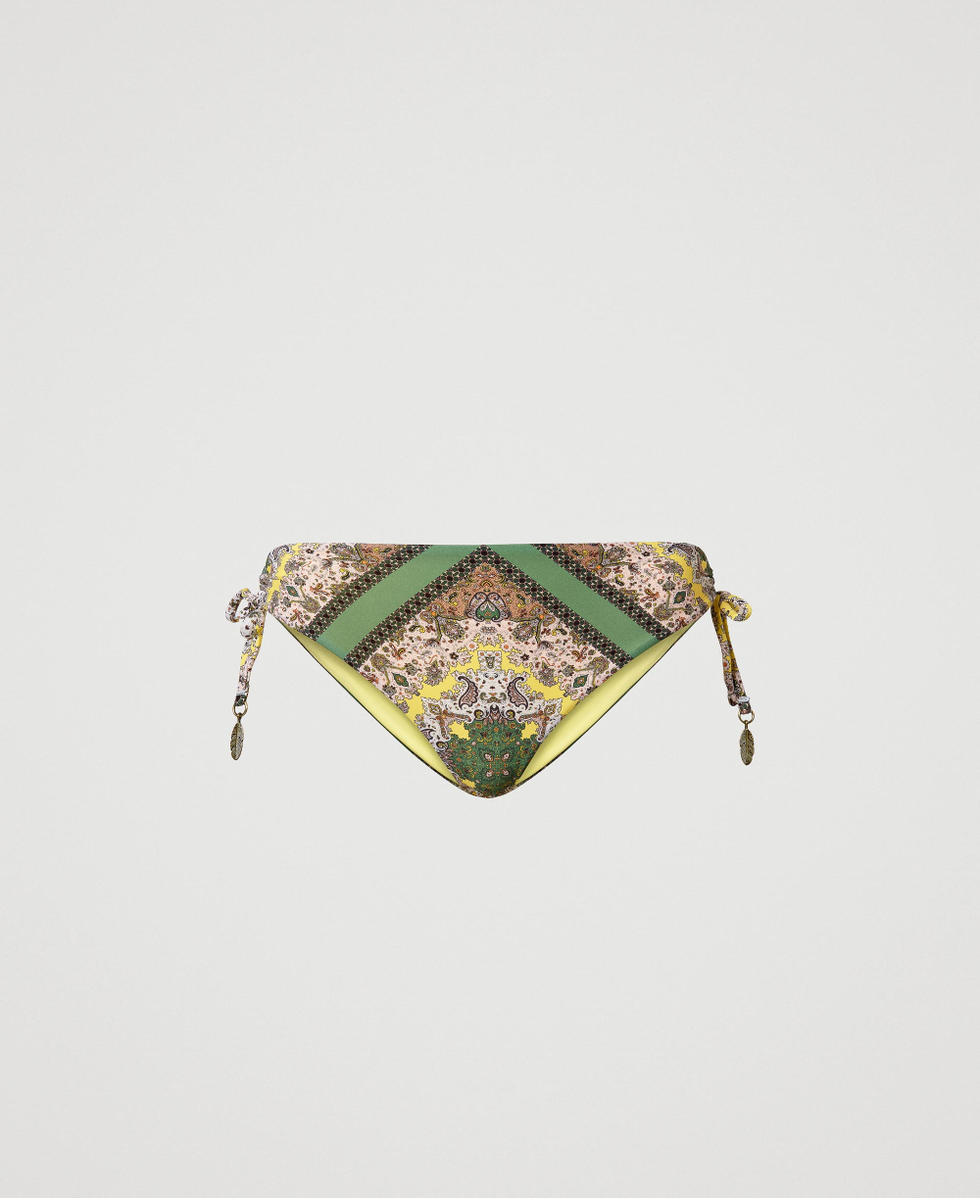 Bikini thong with scarf print and drawstring &ldquo;Turtle Green&rdquo; Scarf Print Woman 231LMMV99_10621_S0