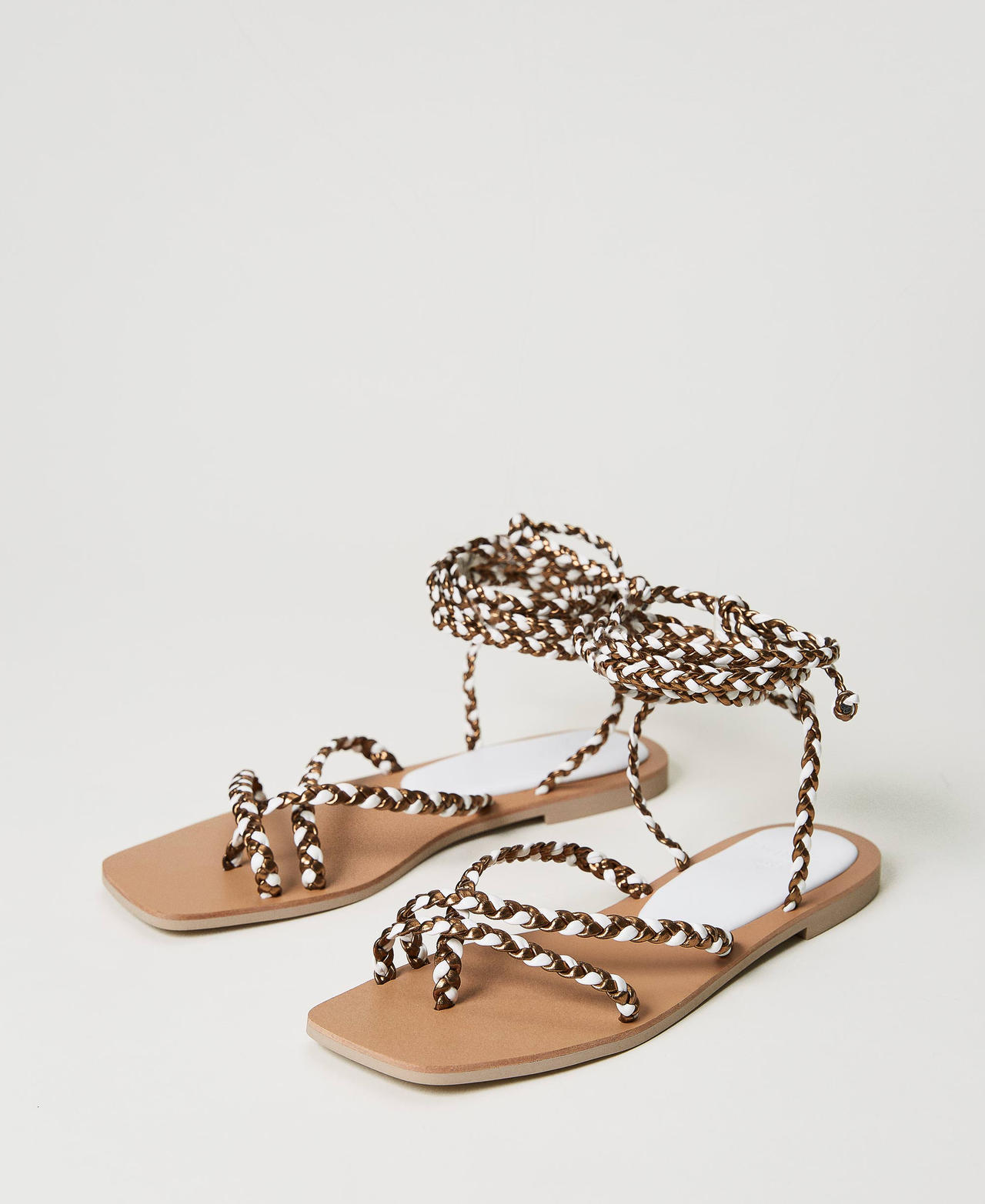 Sandales plates avec lacets tressés Bicolore Bronze/Blanc Cassé Femme 231LMPZBB-02