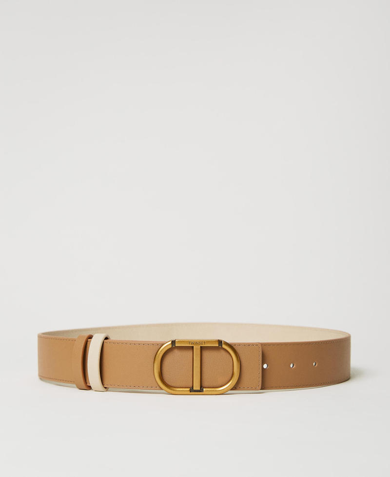 Reversible leather belt with Oval T buckle Two-tone “Pale Hemp” Beige / Ivory Woman 231TA4040_10485_01