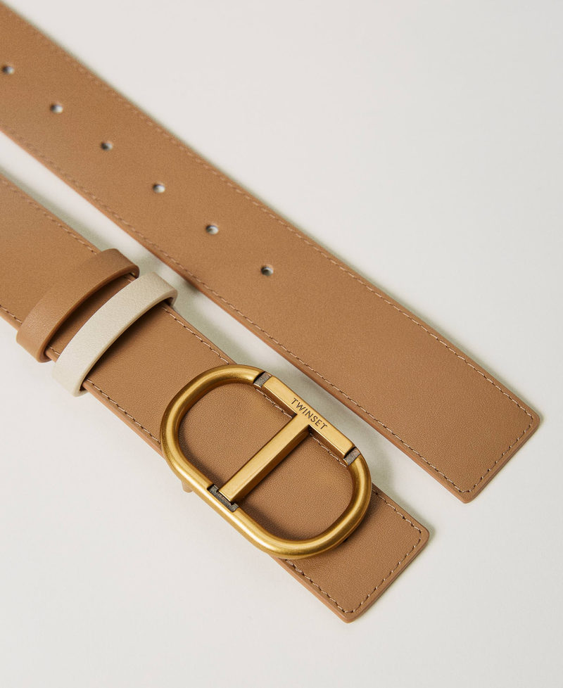 Reversible leather belt with Oval T buckle Two-tone “Pale Hemp” Beige / Ivory Woman 231TA4040-02