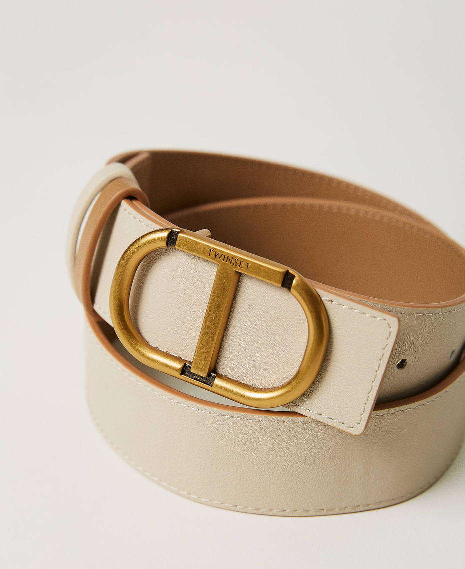 Reversible leather belt with Oval T buckle Two-tone “Pale Hemp” Beige / Ivory Woman 231TA4040_10485_03