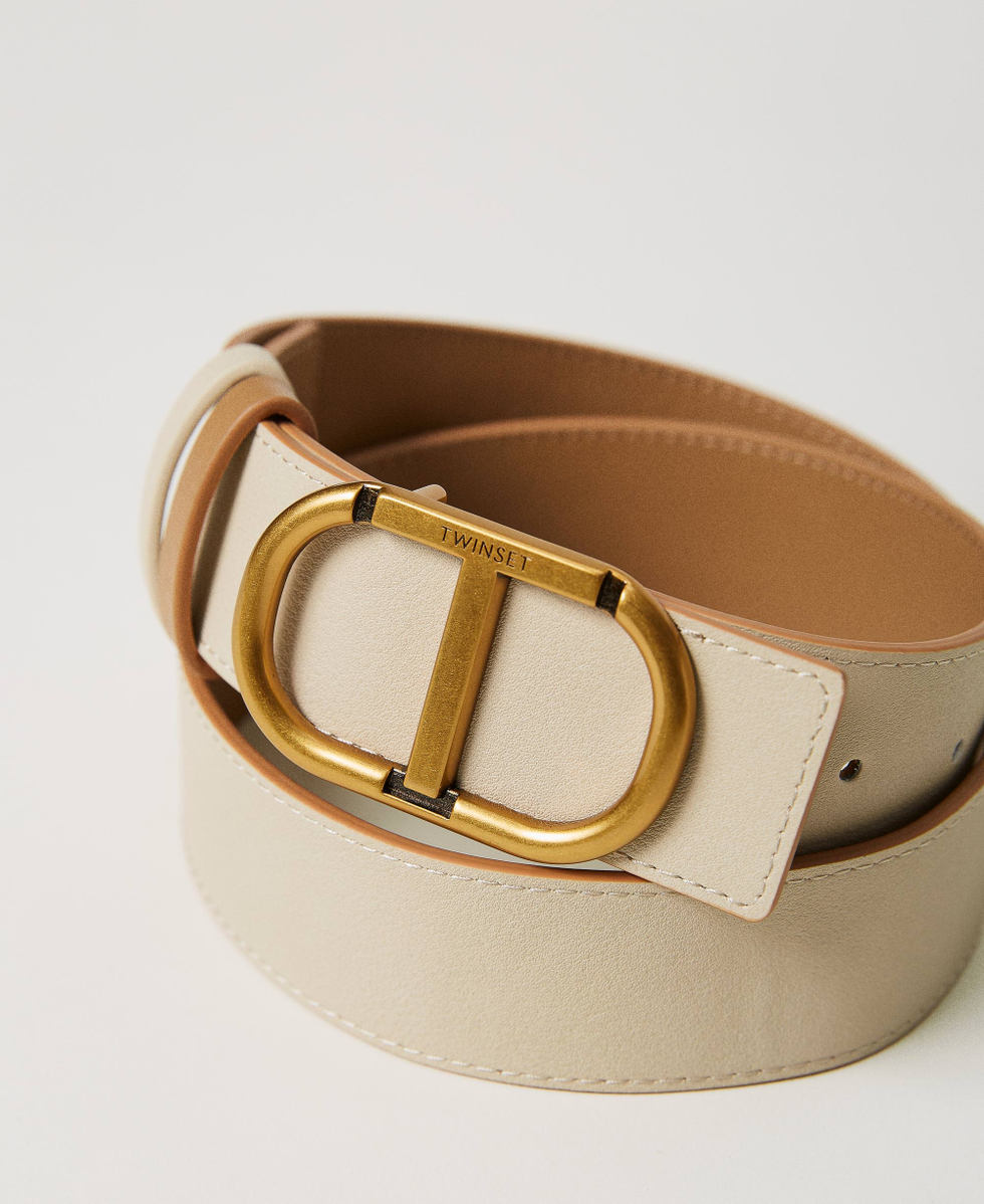 Reversible leather belt with Oval T buckle Woman Beige TWINSET
