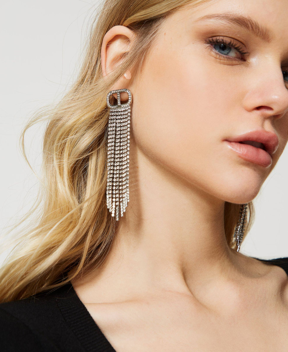 Earrings with Oval T and rhinestone fringes
