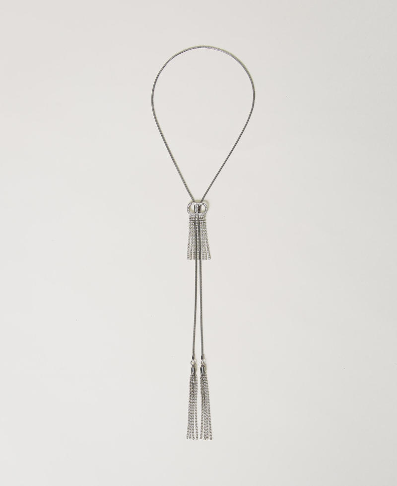 Necklace with Oval T and rhinestone fringes