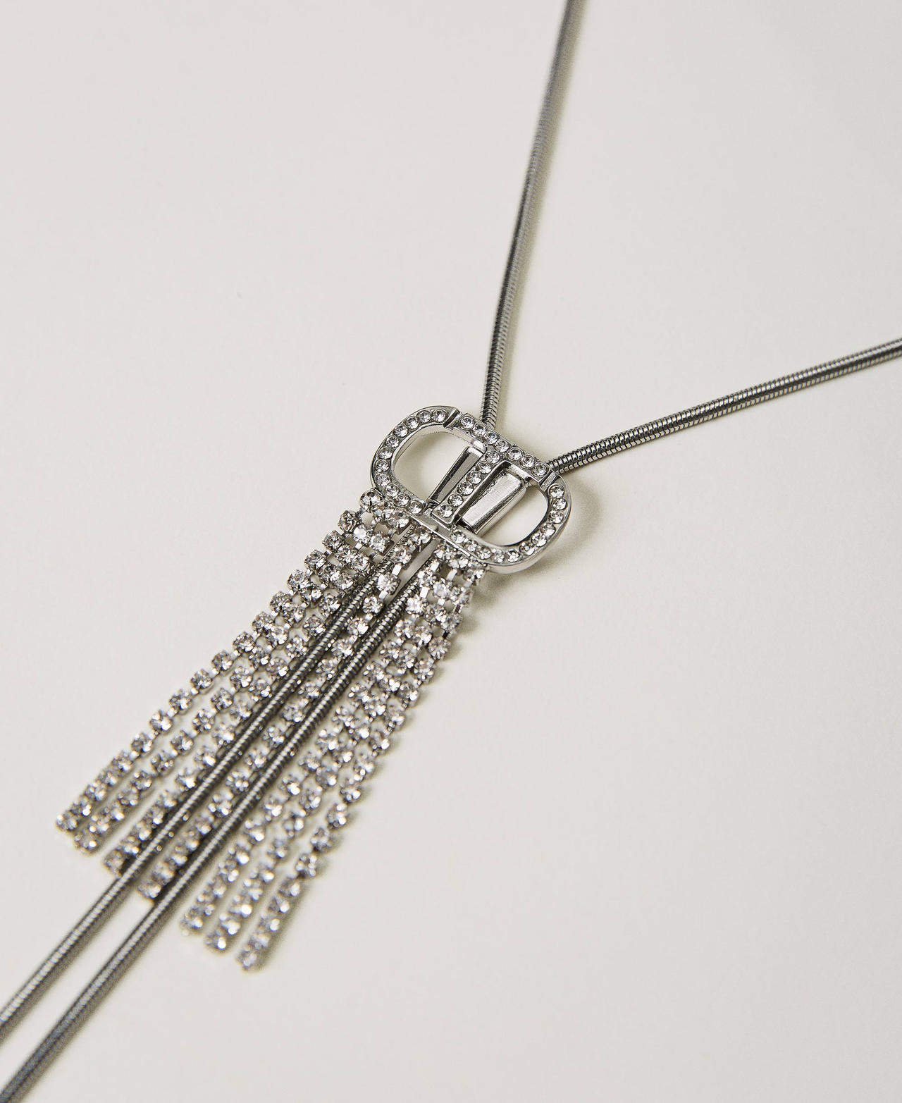 Necklace with Oval T and rhinestone fringes