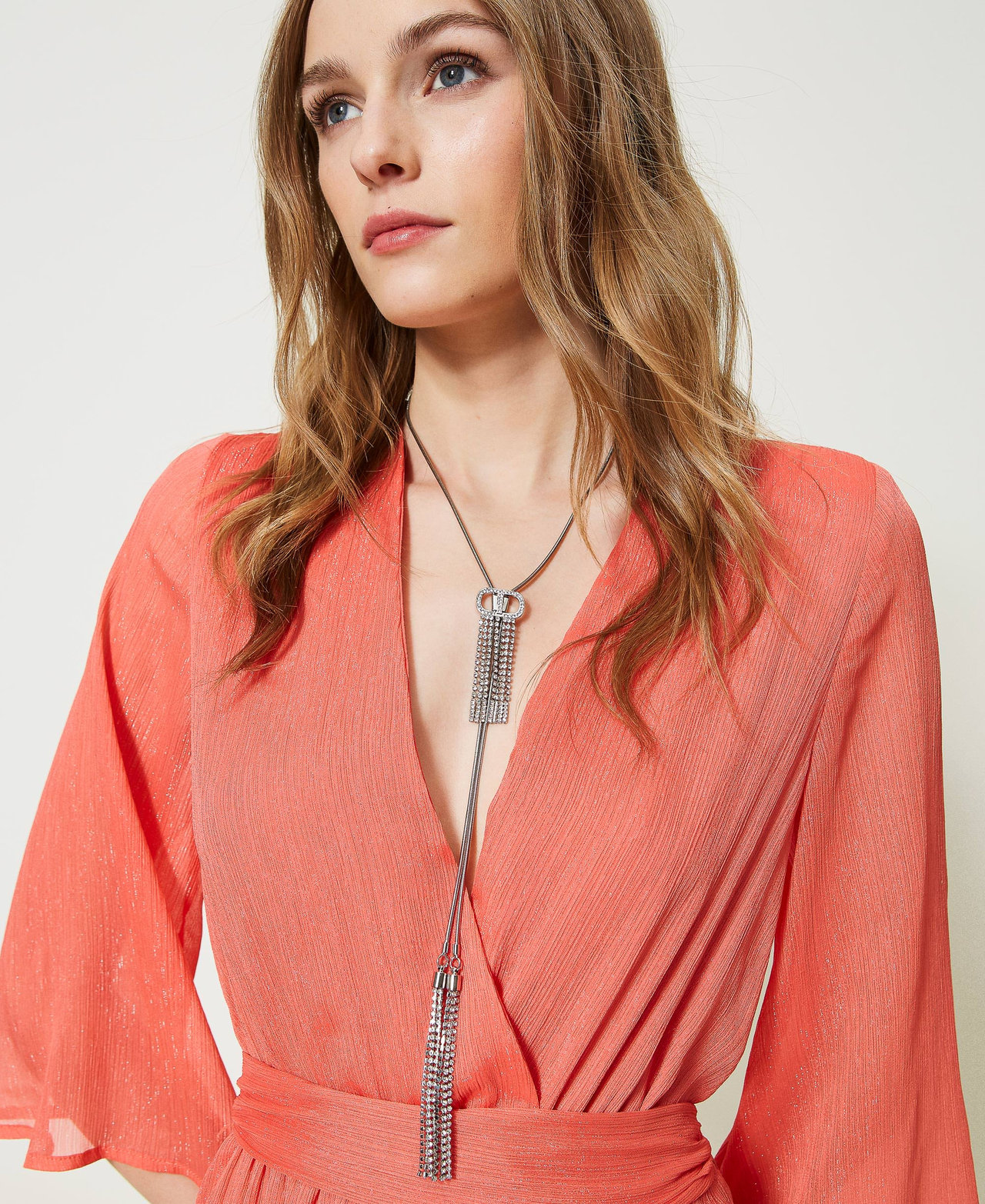 Necklace with Oval T and rhinestone fringes