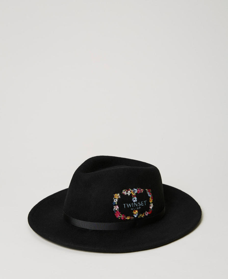Wool cloth hat with floral Oval T Black Woman 231TA4261-01