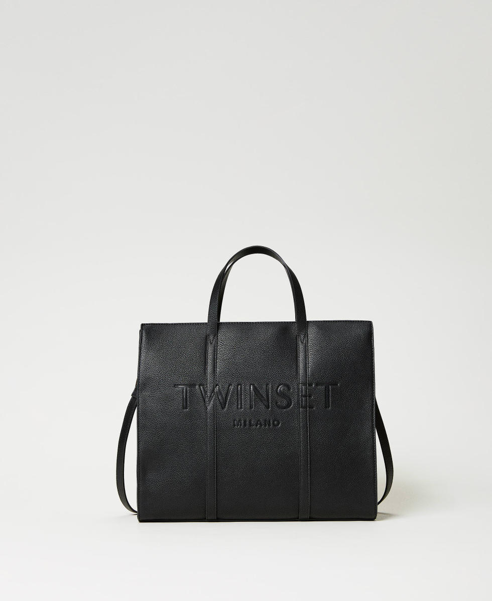 Shopper with embossed logo Woman, Black | TWINSET Milano