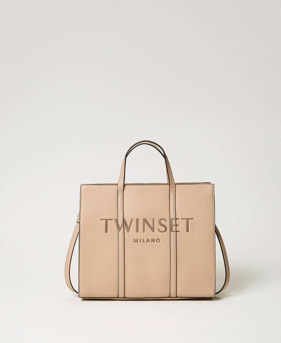 Shopper with embossed logo Woman, Beige