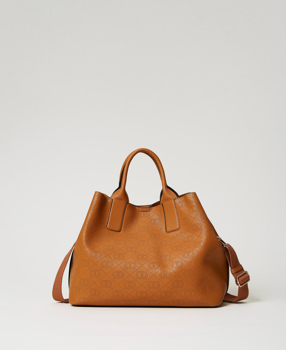 Shopper with openwork Oval T Leather Brown Woman 231TB717A_00057_01