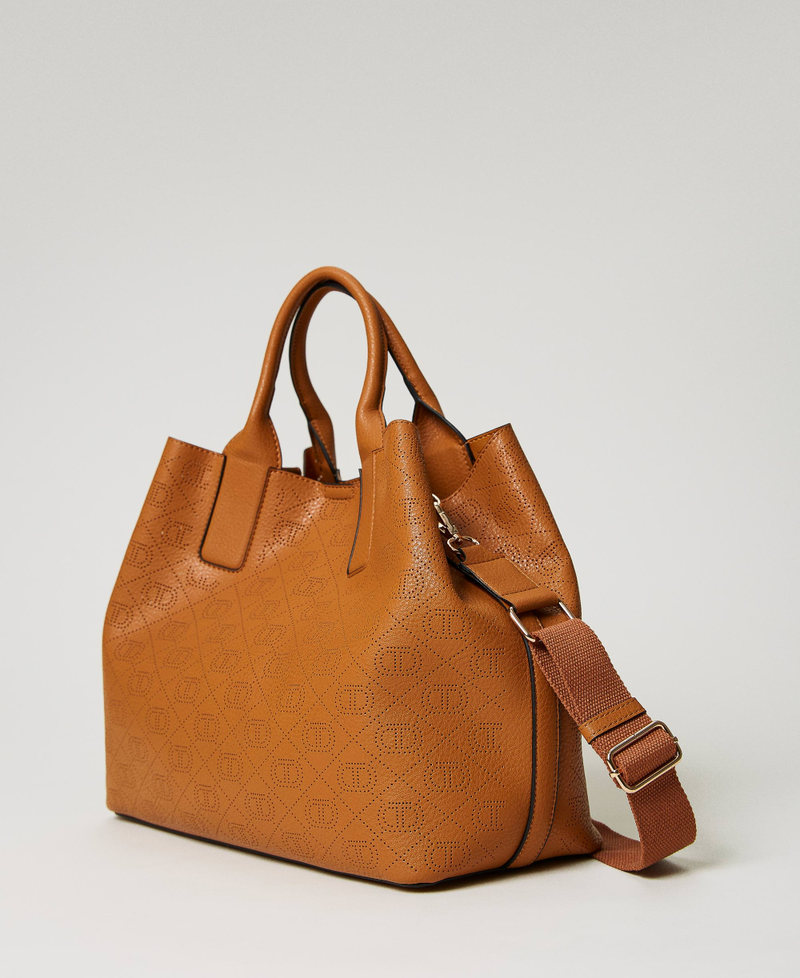 Shopper with openwork Oval T Leather Brown Woman 231TB717A_00057_02
