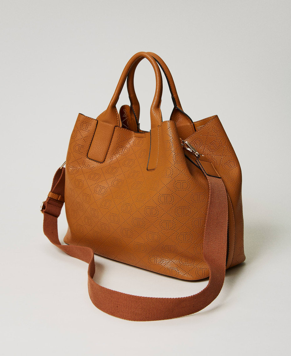 Shopper with openwork Oval T Leather Brown Woman 231TB717A_00057_04