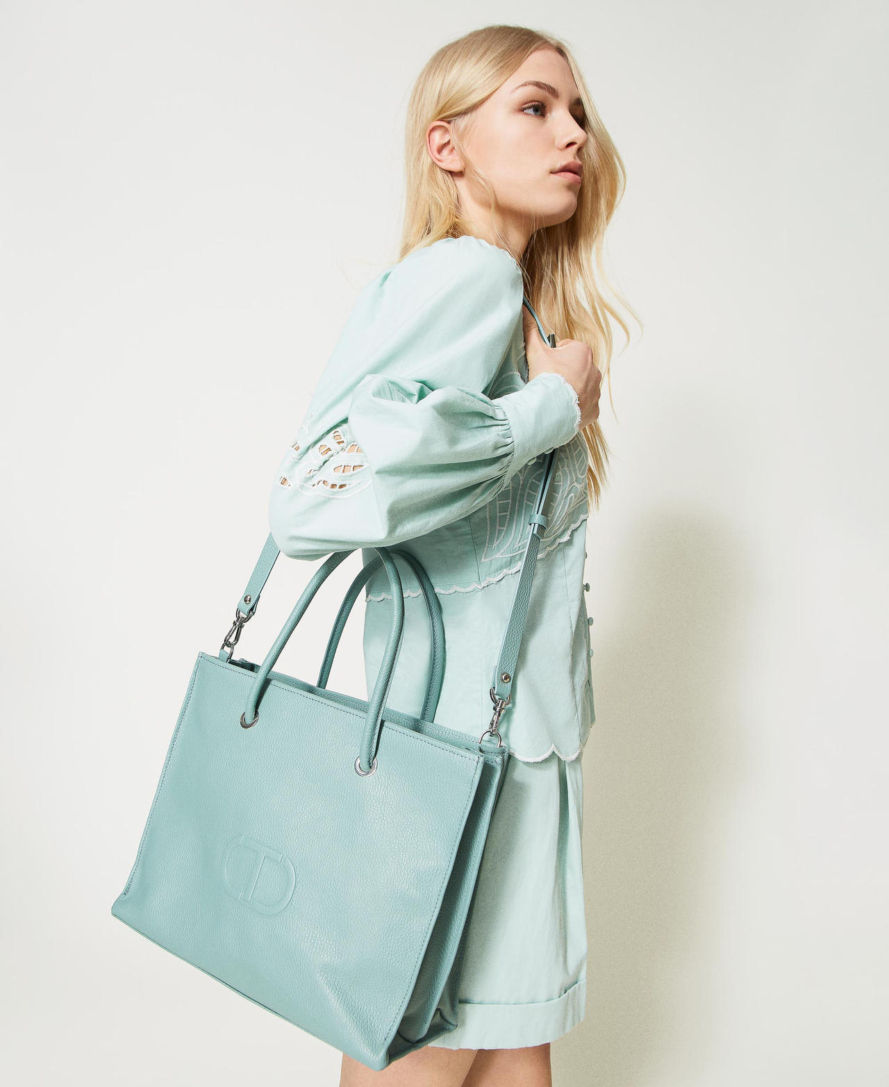 ‘Bella’ leather shopping bag Woman, Green TWINSET Milano