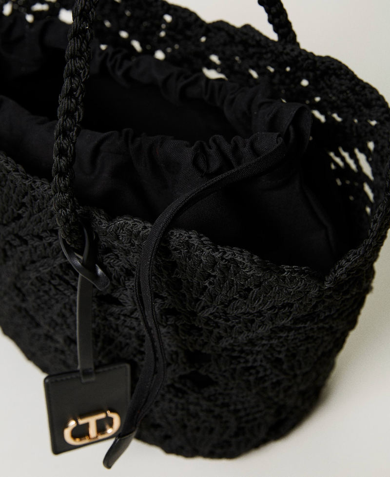 【TWINSET】Crochet Cotton Bucket Bag Black Crochet Cotton Bag With Rose Decorations | Blumarine