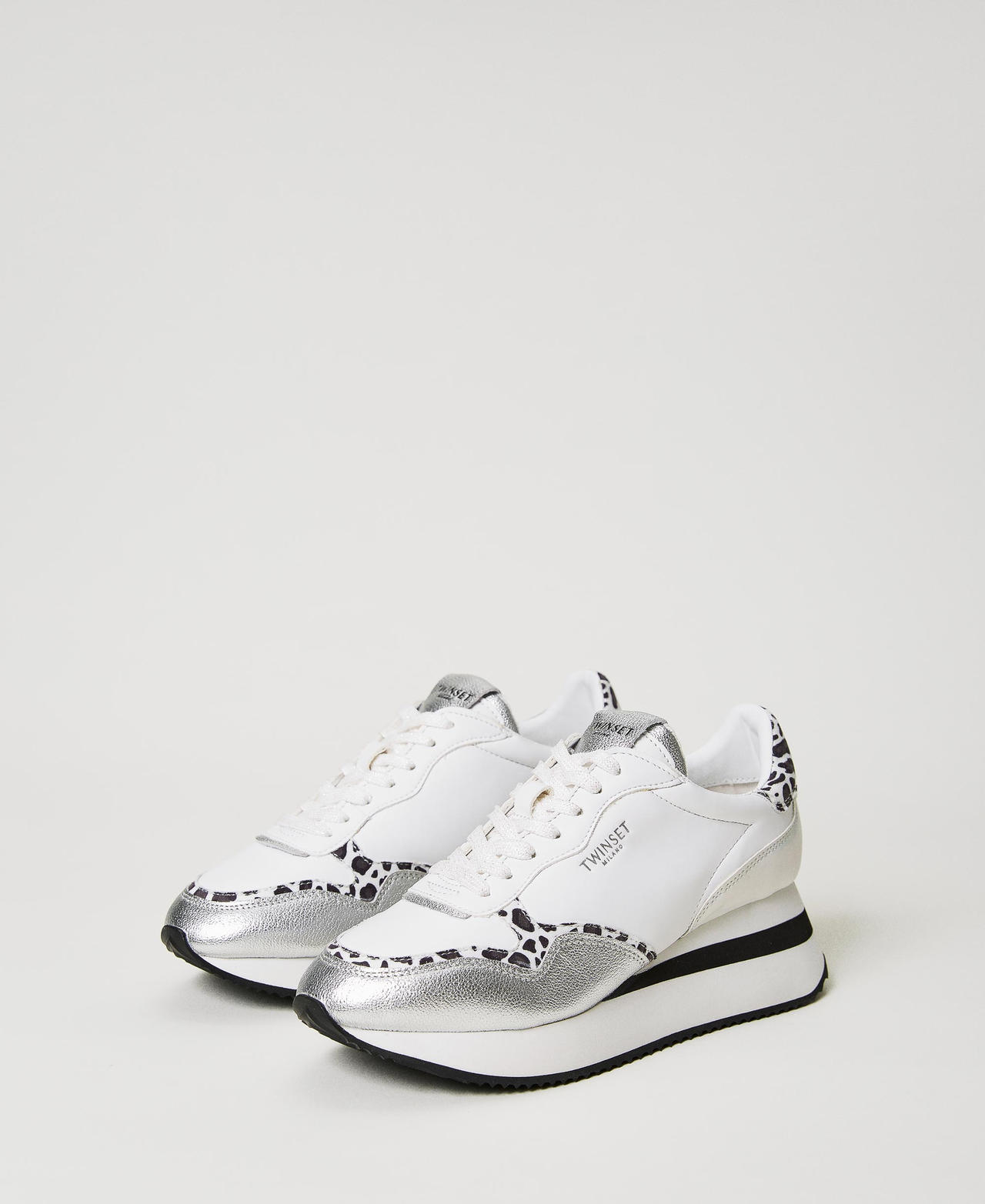 Wedge trainers with animal print insert Two-tone “Optical” White / Leopard Woman 231TCP012_10379_02