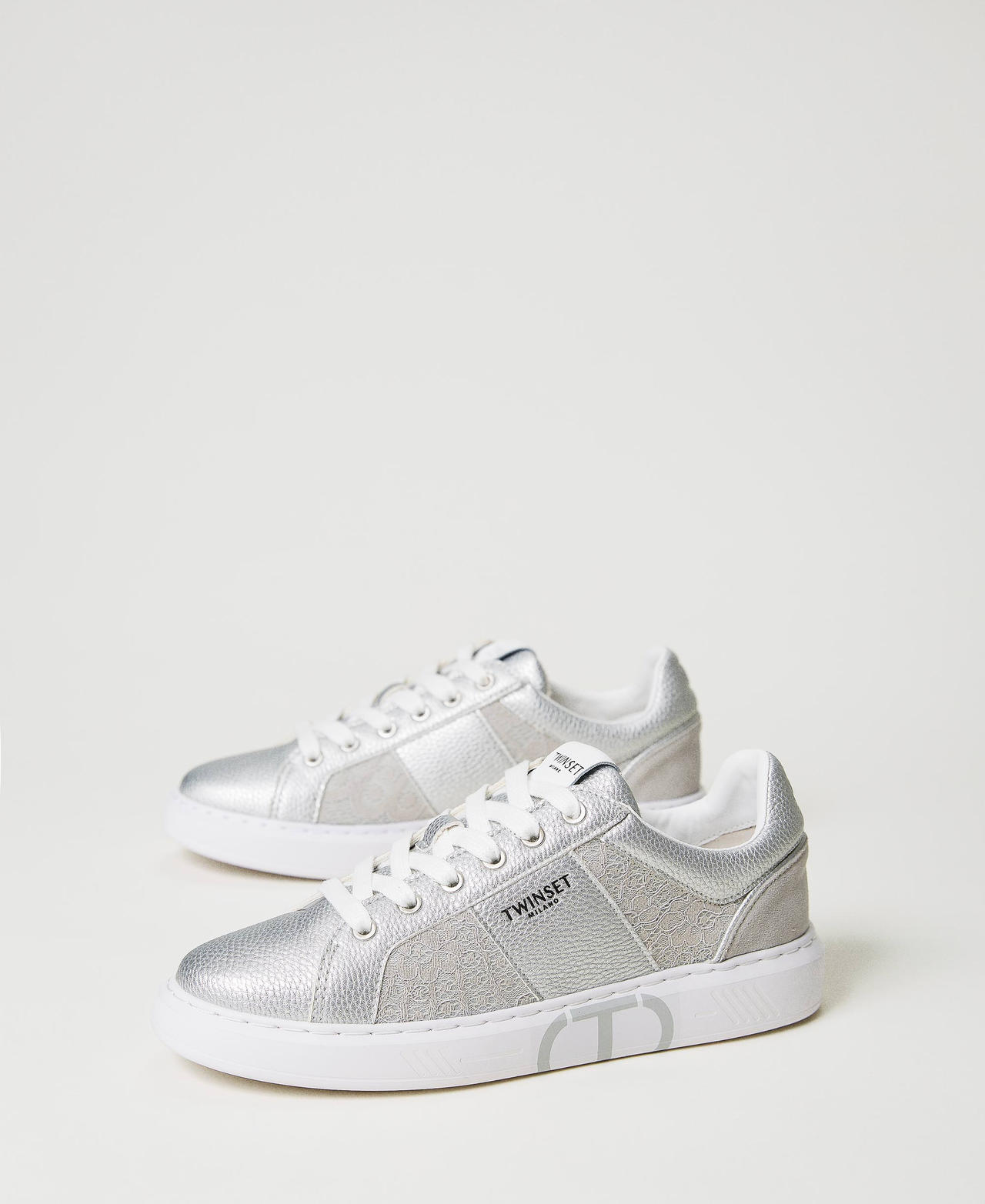 Trainers with lace inserts and Oval T Silver Woman 231TCP042_00995_02