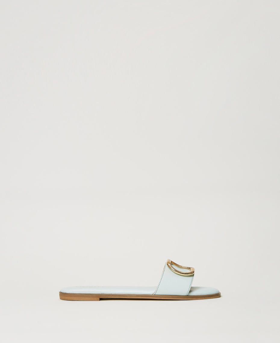 Slide-Sandale aus Leder mit Oval T-Logo Agaven Grün Frau 231TCP128-01