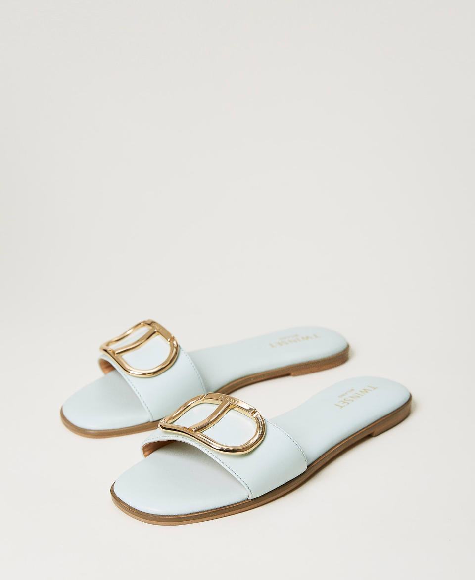 Leather slides with Oval T Agave Green Woman 231TCP128_00625_02