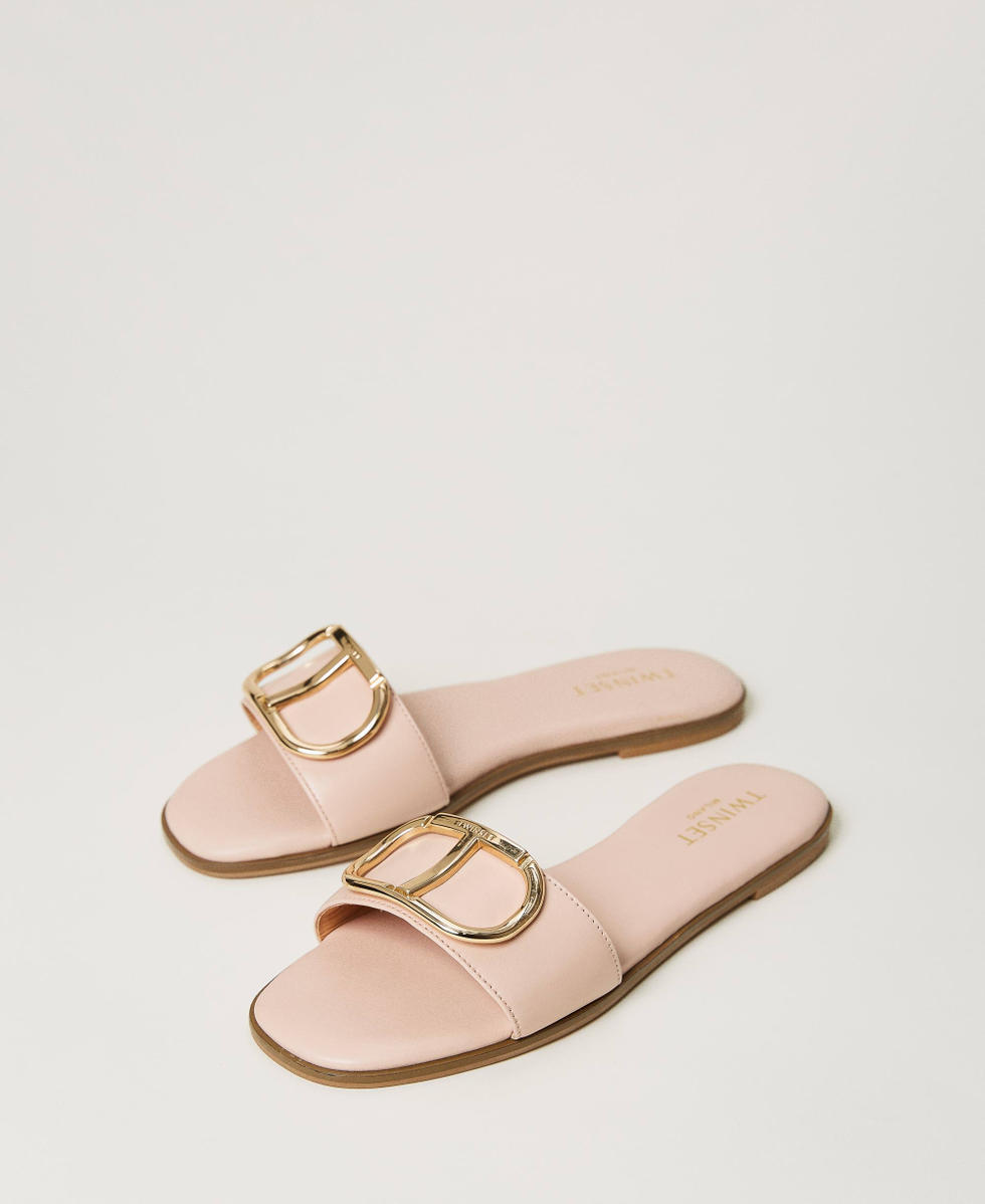 Leather slides with Oval T Mousse Pink Woman 231TCP128_03895_02