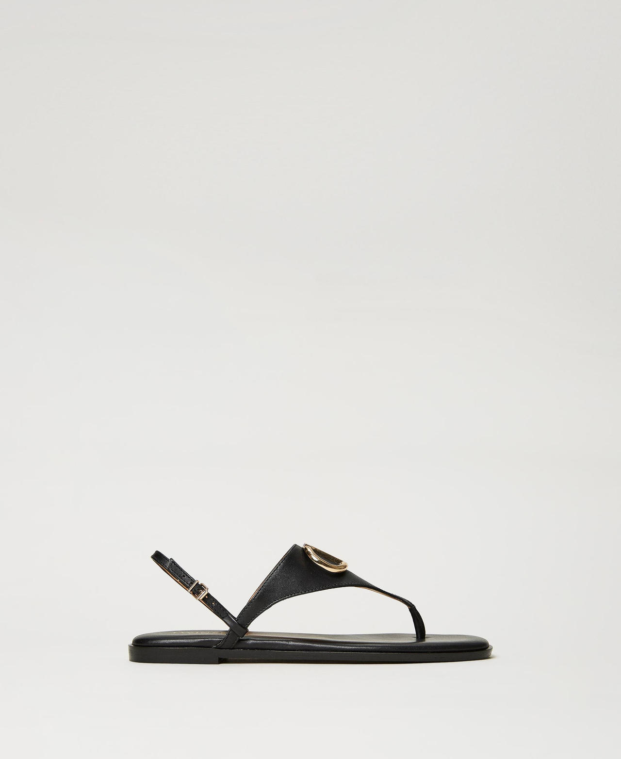 Leather thong sandals with Oval T Woman Black TWINSET Milano
