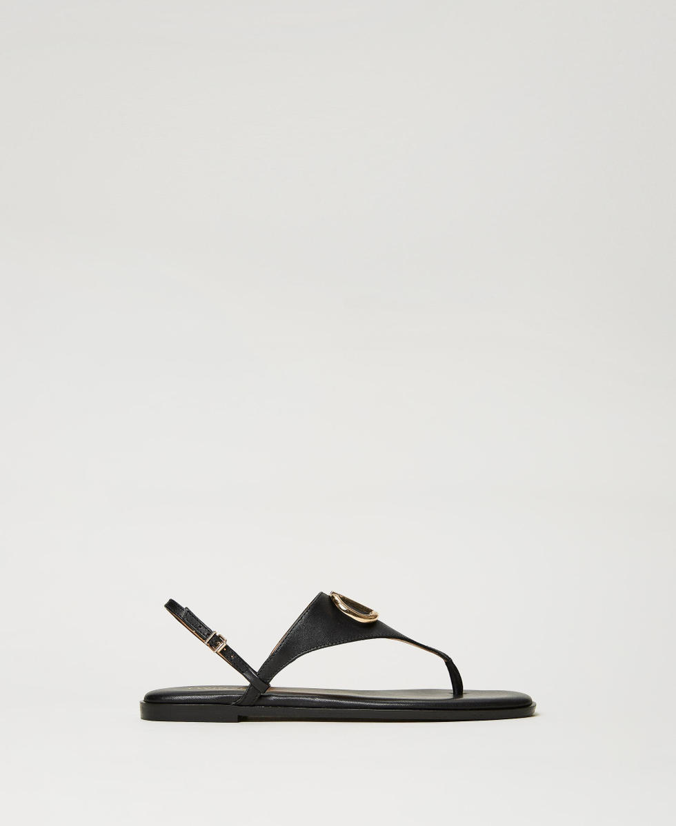 Sandales plates en cuir avec Oval T Femme Noir TWINSET Milano
