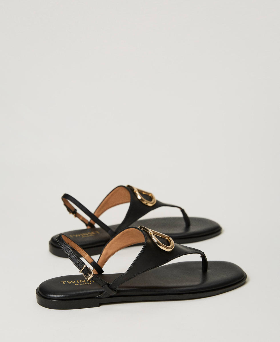 Leather thong sandals with Oval T Woman Black TWINSET Milano