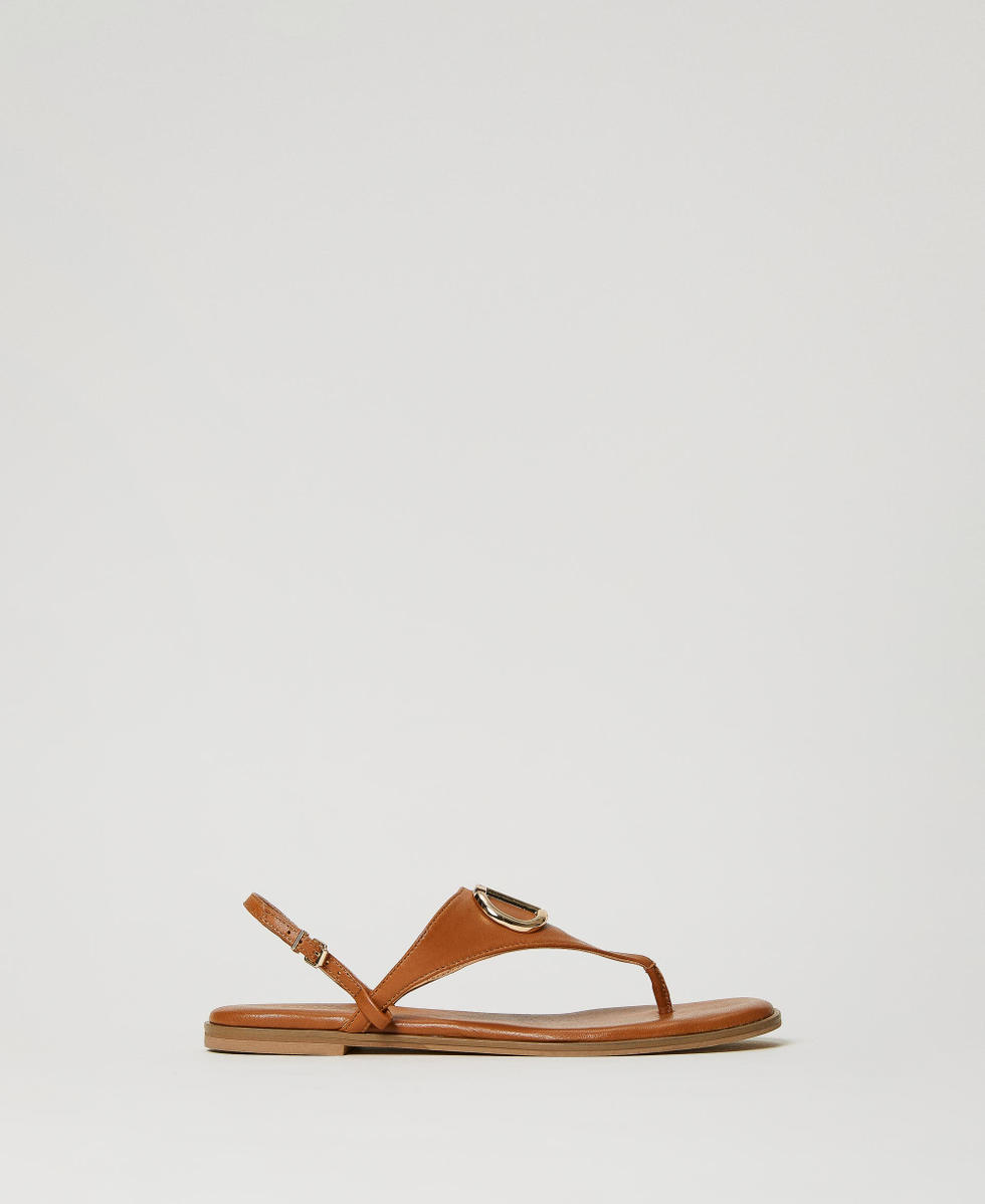 Leather thong sandals with Oval T Woman Brown TWINSET Milano