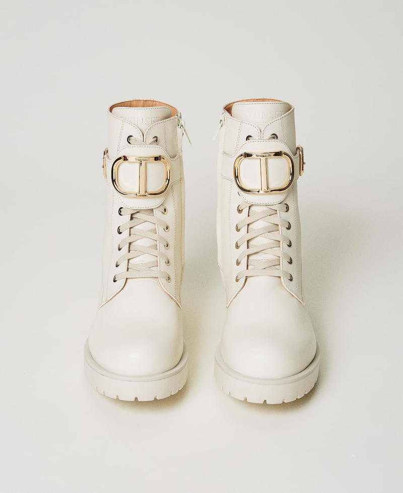 Leather combat boots with Oval T Ivory Woman 231TCP12C-04